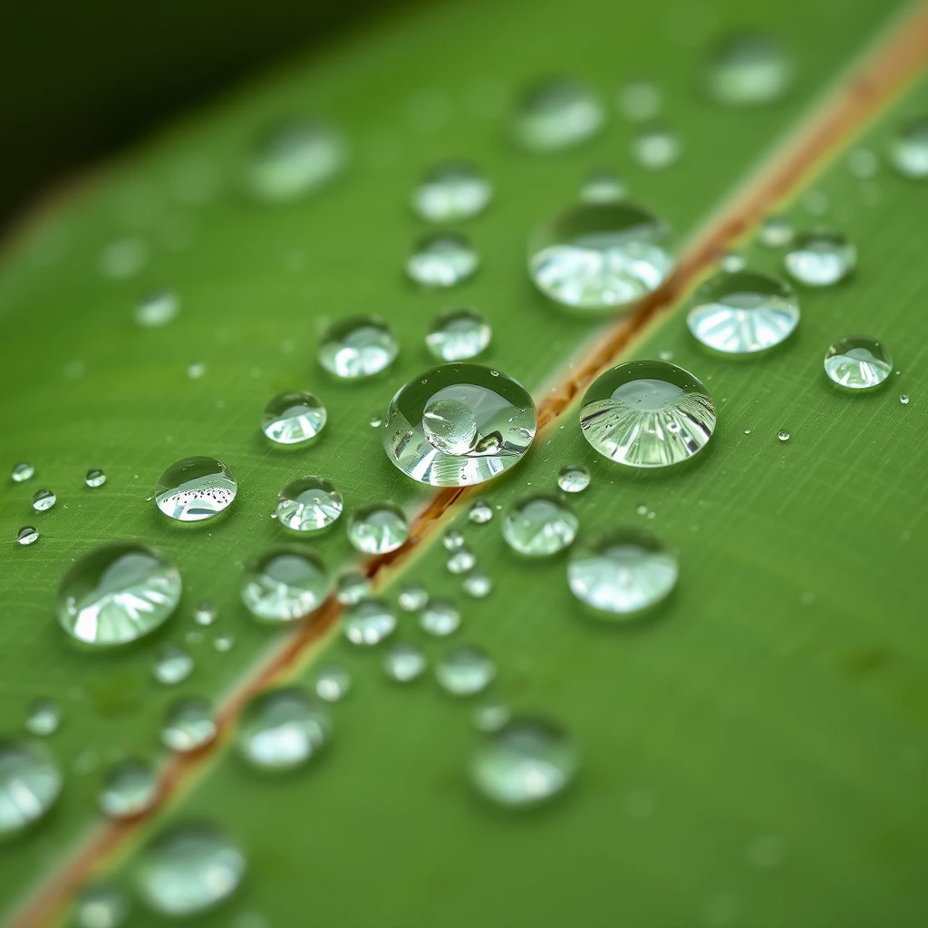 Water droplets on coconut leaf, macro photography, detailed, high resolution, professional. - Image