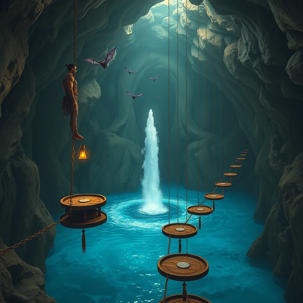 Realistic photo of a large cavern, standing on one of the platforms is a male warrior who is holding a lantern. There is blue water filling the bottom of the cavern and a geyser is erupting. Hanging from the ceiling in a row are 10 chains going past the geyser. There are round wooden platforms at the end of the chains that are suspended above the water. Bats are flying around.