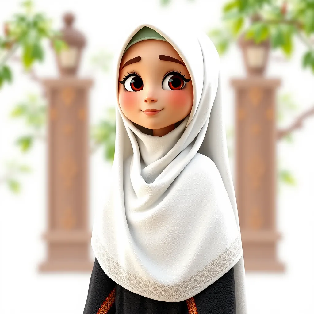 "Create a 3D animated cartoon of a Muslim woman from Palembang wearing a long white gamis. The character should be highly detailed with 8K resolution. Focus on traditional Palembang features and cultural elements."