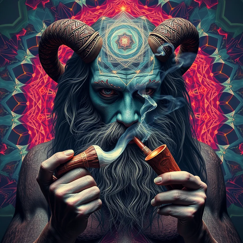 satyr smoking DMT from a pipe and breaking through to another dimension full of geometric fractal patterns, HD photography - Image