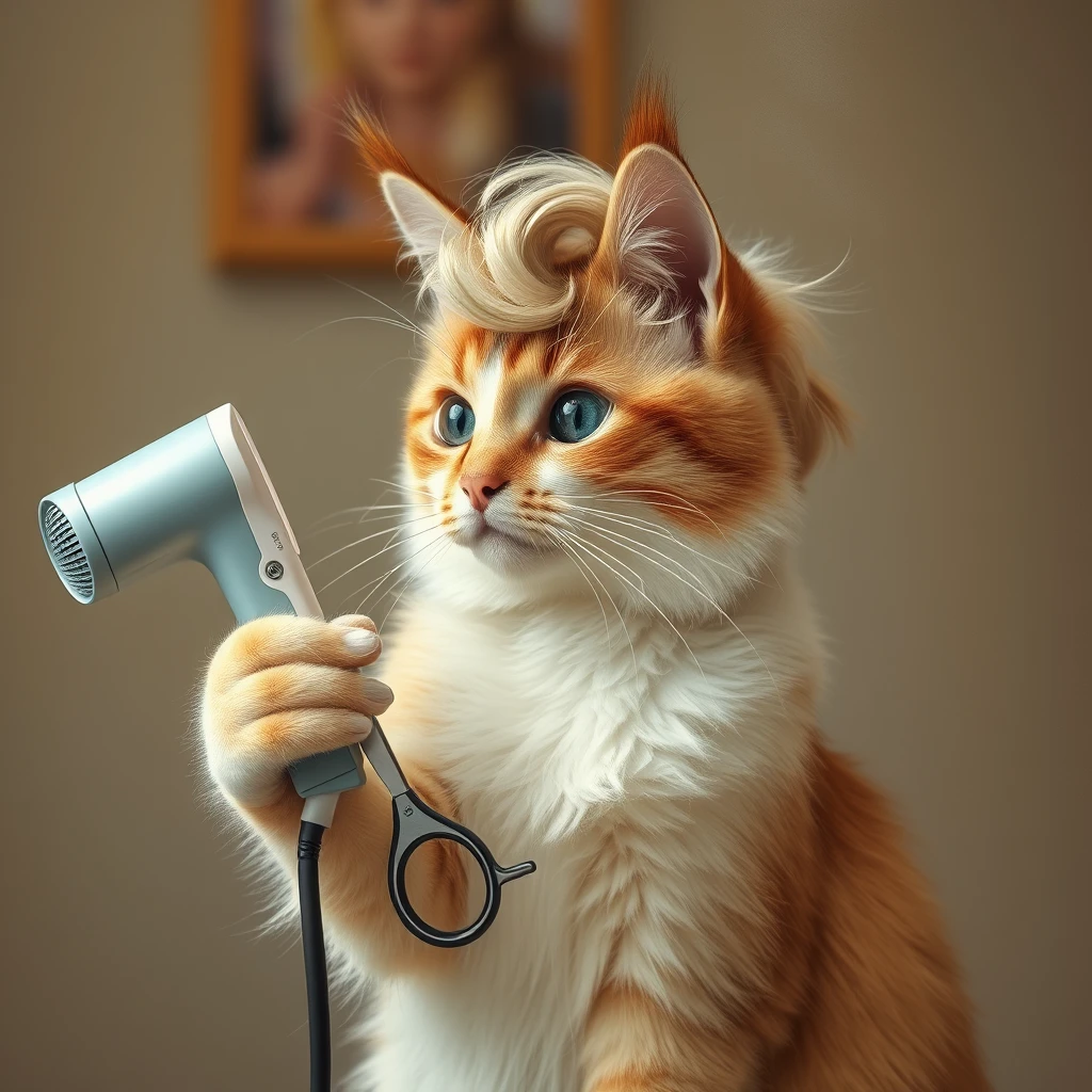 Show your cat dry-drying or practicing beauty scissors as a hairdresser. You can play with famous art styles or have your cat create her own hairstyle.