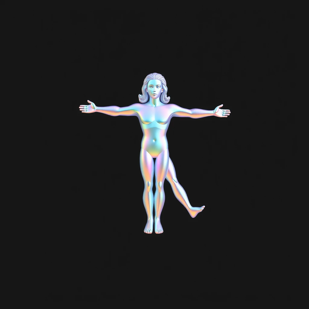 Iridescent holographic cute Vitruvian Man by Leonardo da Vinci icon, simple shapes, 3D render, simple design, black background, isometric view, pastel colors in the style of simple shapes.