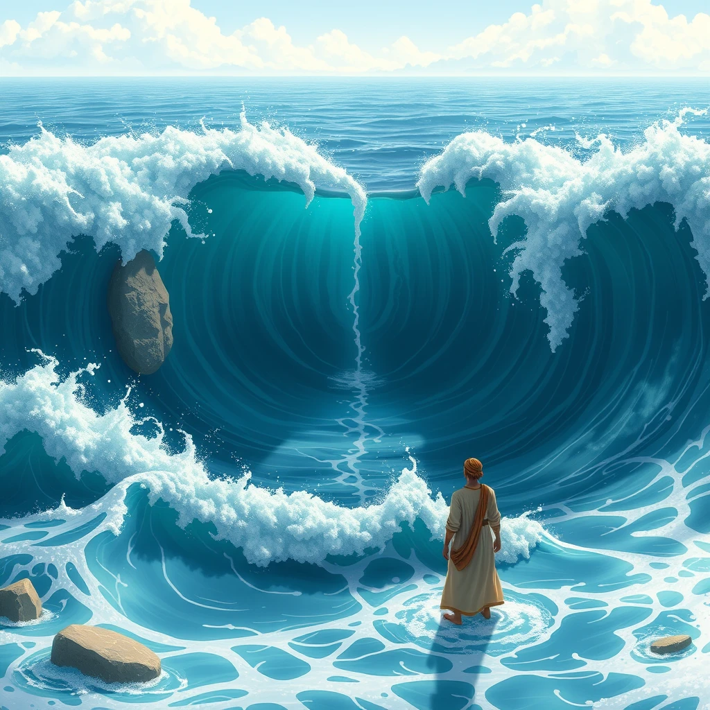 An ancient Arabian man split the sea into two parts so that the waves were very high to the left and right, animation. - Image