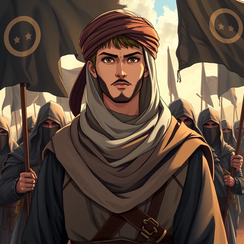 Full-view anime portrait of a young Muslim commander wearing a modest biblical cloak-turban with scarf hood clothes standing behind great Muslim warriors with a leadership expression. The medieval Muslim warriors are covered with veils and holding black banners, guarding him in open land. The movie theme is "The conquest of Jerusalem has come," powerful, with movie graphics, alpha, acrylic paint shader, and dynamic illustration.