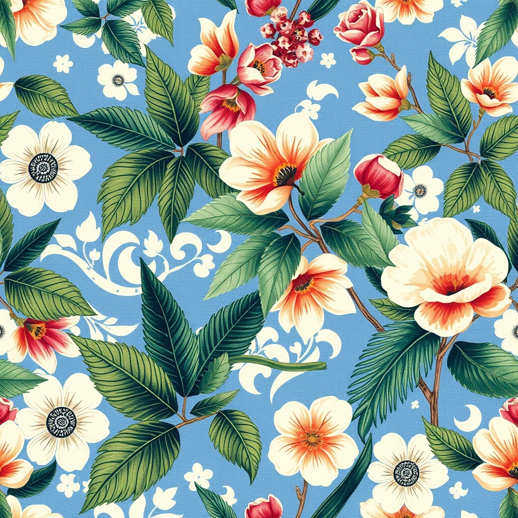 Gouache Painting, textile pattern, a blue and white pattern with a tropical scene on its side and flowers in the background, a Flemish Baroque, best quality, extremely detailed, wallpaper, finely detailed features, extremely detailed CG unity 8k wallpaper, Annabel Kidston.