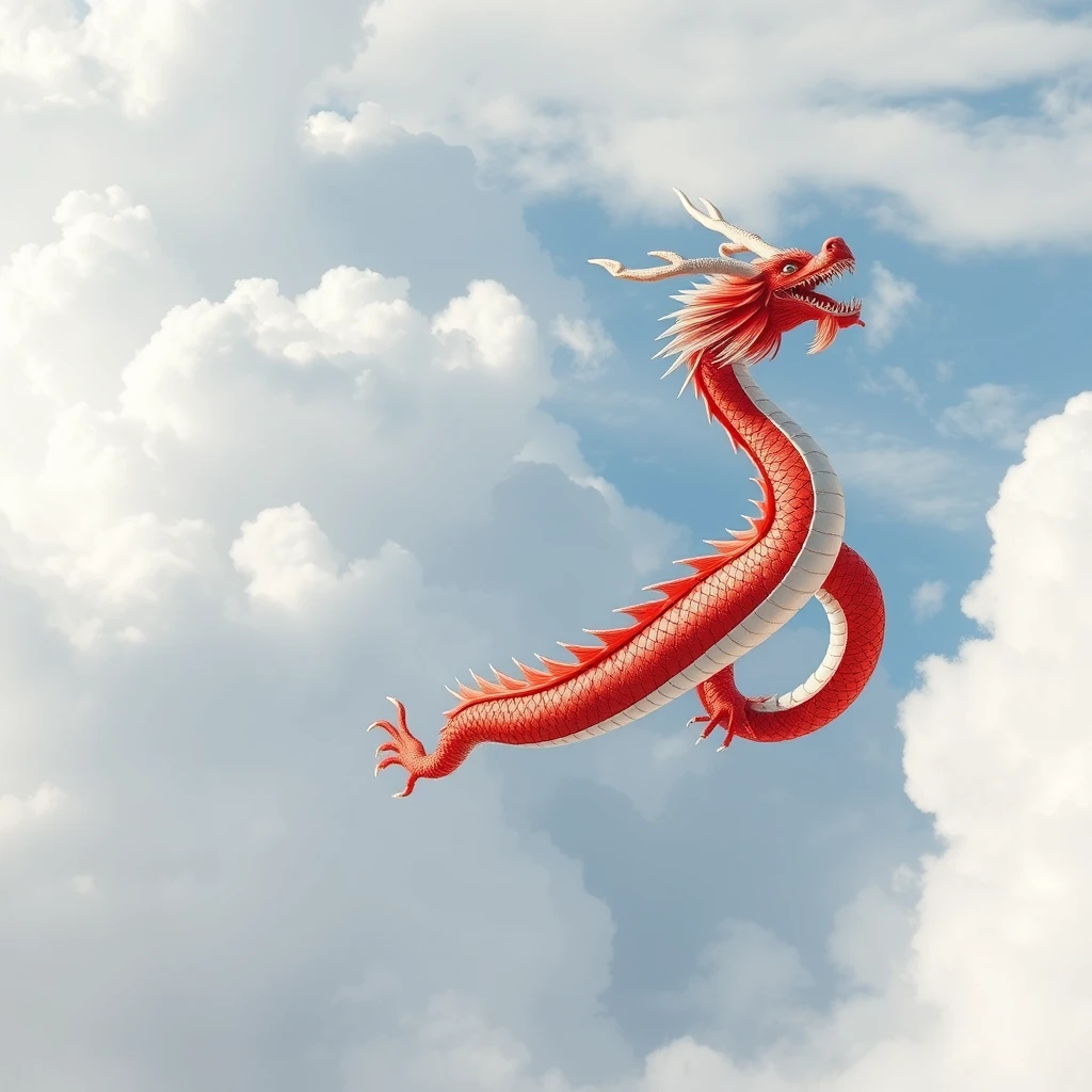 Red chinese dragon fly in the sky, white cloud  - Image