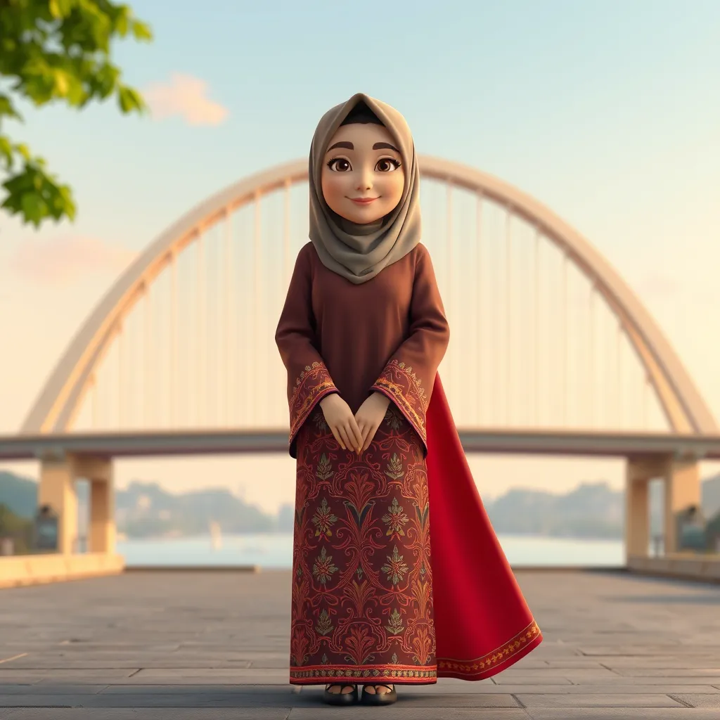 A 3D cartoon animation of a Muslim woman from Palembang, Indonesia, wearing a traditional long songket dress. She stands gracefully in front of the iconic Ampera Bridge, which arches beautifully in the background. The scene is rendered in stunning 8k resolution, capturing the vibrant colors and intricate details of the songket fabric. The woman's expression is serene and peaceful, with a gentle smile. The overall atmosphere is warm and welcoming, showcasing the cultural beauty and elegance of Palembang.