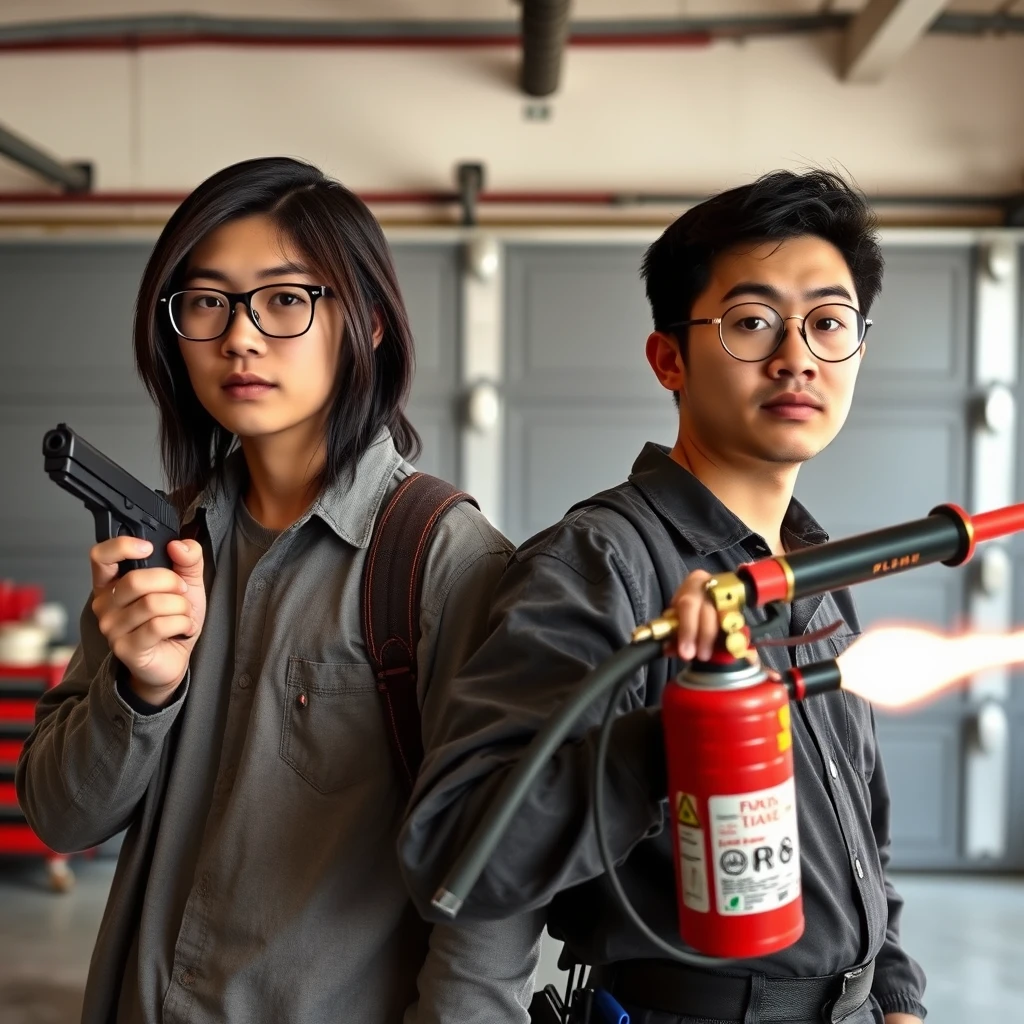 "21 year old white Chinese man wearing square glasses, mid/long black mullet hair, holding pistol"; "21 year old white Italian man wearing round glasses, short hair, holding very large fire extinguisher flamethrower", garage setting. - Image