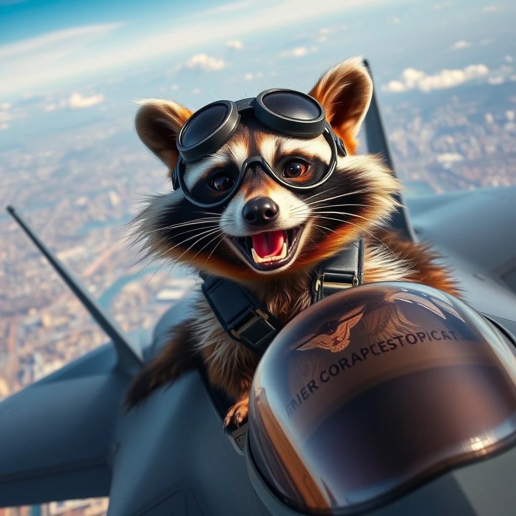 A high quality, photorealistic image of a happy anthropomorphized raccoon wearing aviator goggles piloting an F-35 Raptor fighter jet over San Francisco. Make sure to show the entirety of the fighter jet. Avoid deformities. - Image