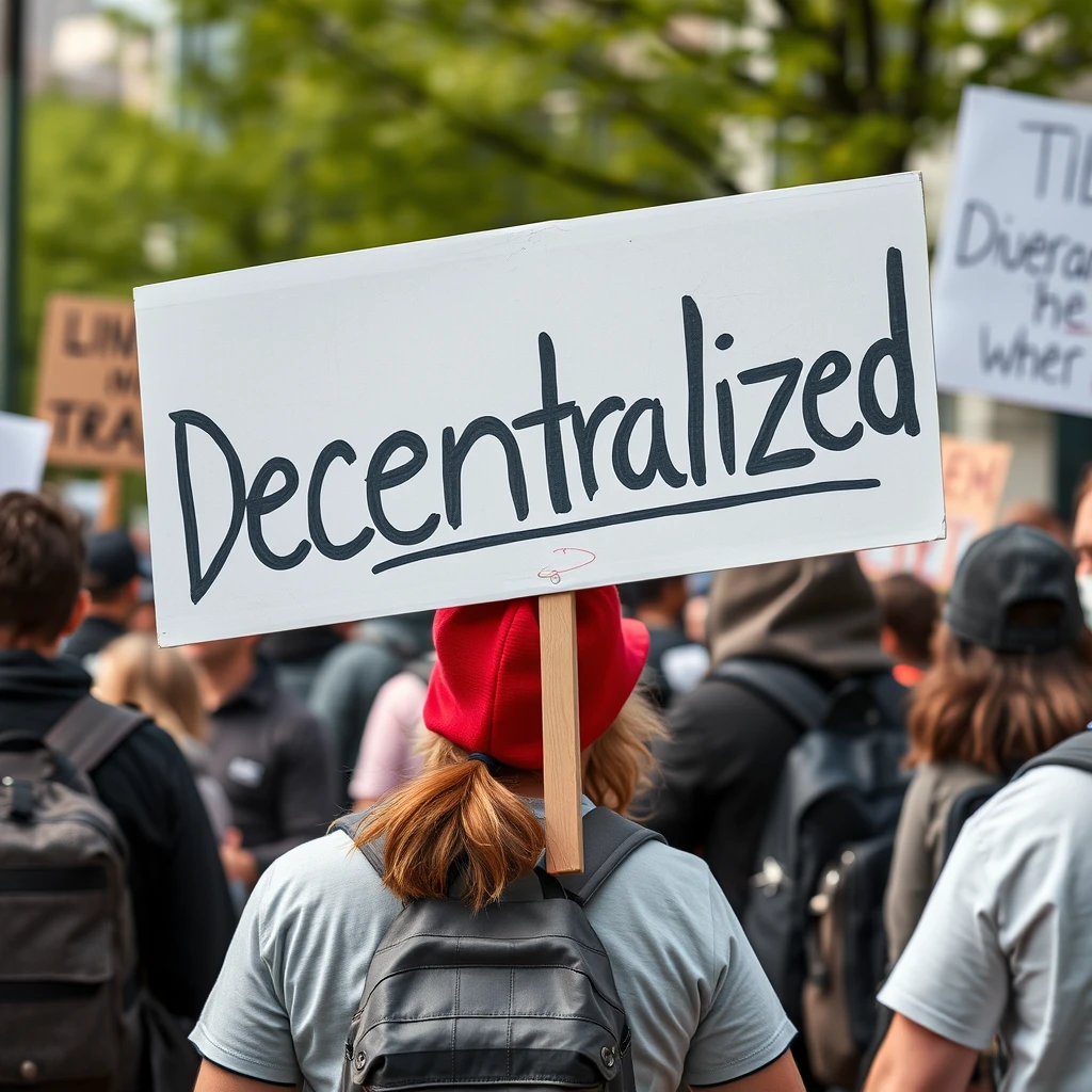 Protesters carry a sign that says "Decentralized". - Image