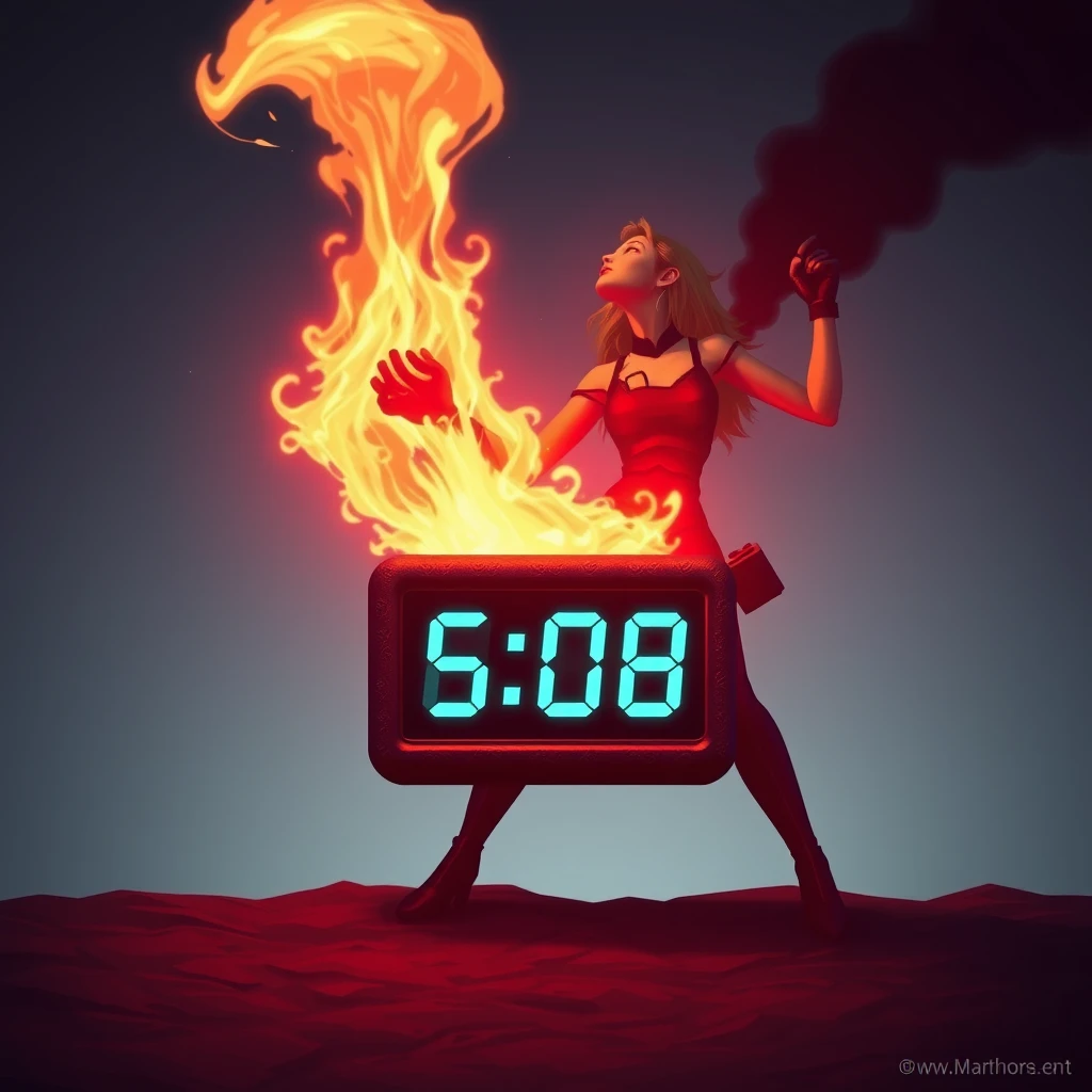 Self-destruct countdown timer stopped at 5 seconds by heroine with flamethrower. - Image