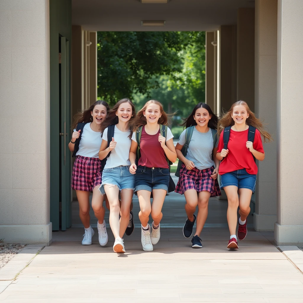 Create a photo of a group of 14-year-old girls joyfully running out of school in the summer because the holidays are starting.