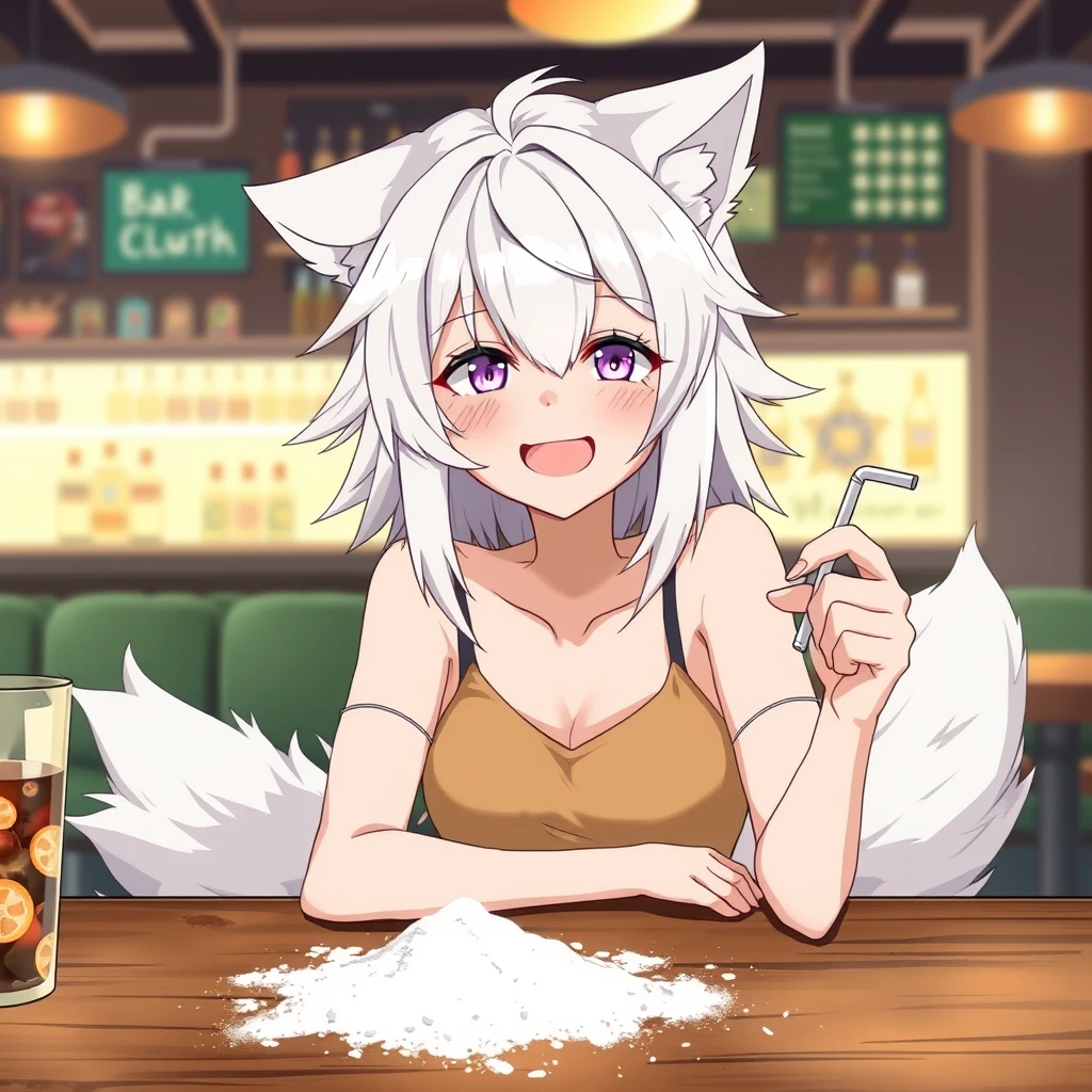 An anime woman with fluffy wolf ears and a fluffy tail, medium-length white messy hair, and purple eyes is sitting at a table in a bar. On the table is a little bit of flour. The girl looks at the flour with a big crazy smile, holding a straw in her right hand.