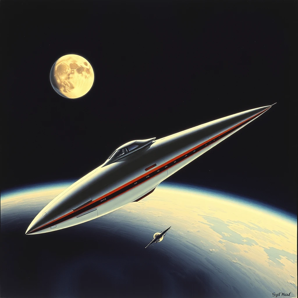 A space liner concept, in orbit, a painting by Syd Mead, sleek, moon setting.