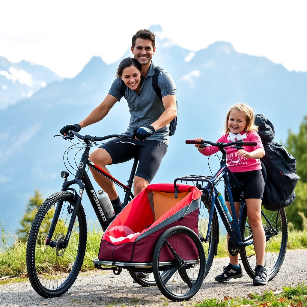 A young athletic family, father, mother, and 1-year-old daughter with their bicycle and a child trailer in front of the Alps. - Image