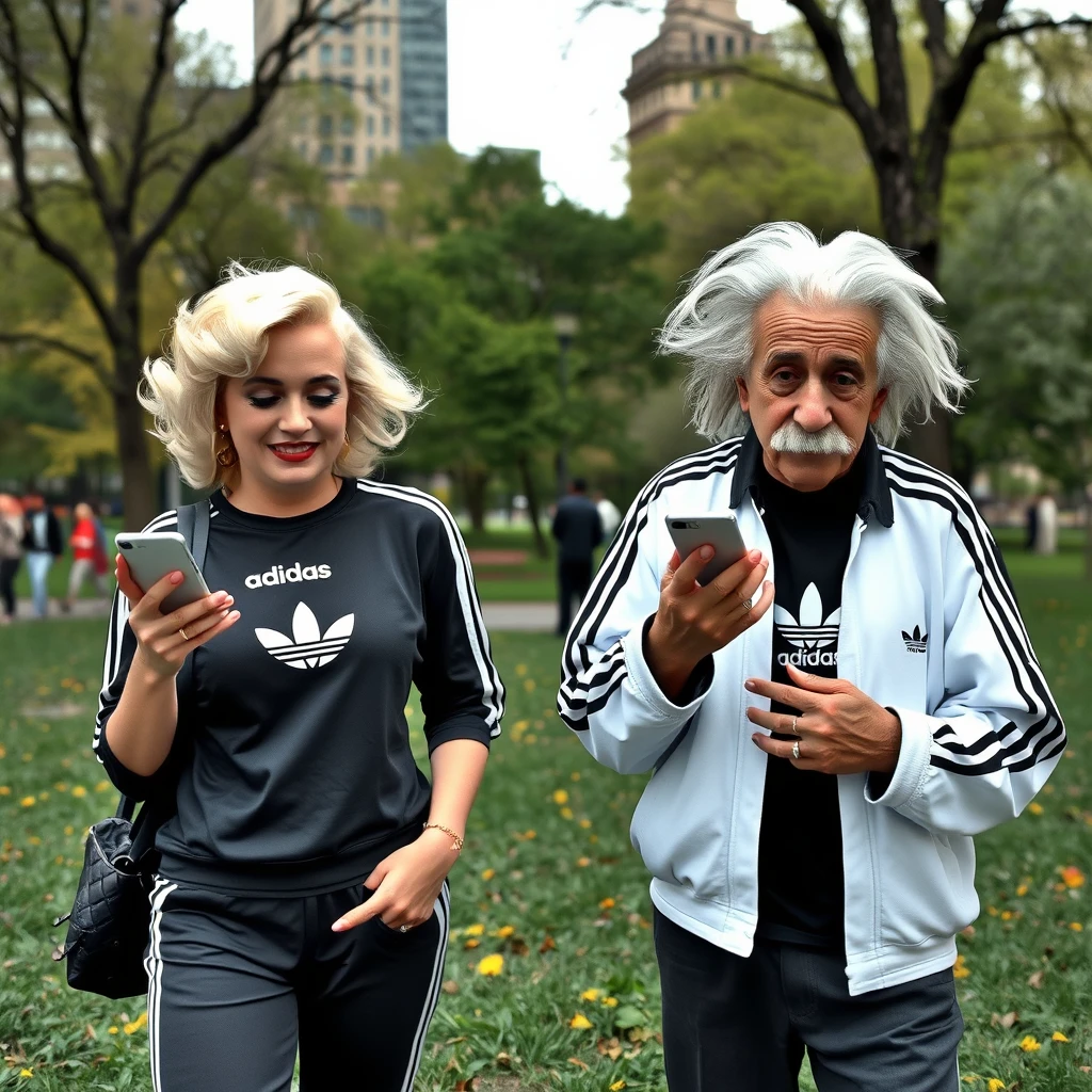 Marilyn Monroe and Einstein in a New York park. Both are wearing Adidas clothes from head to toe. Both are using iPhones.