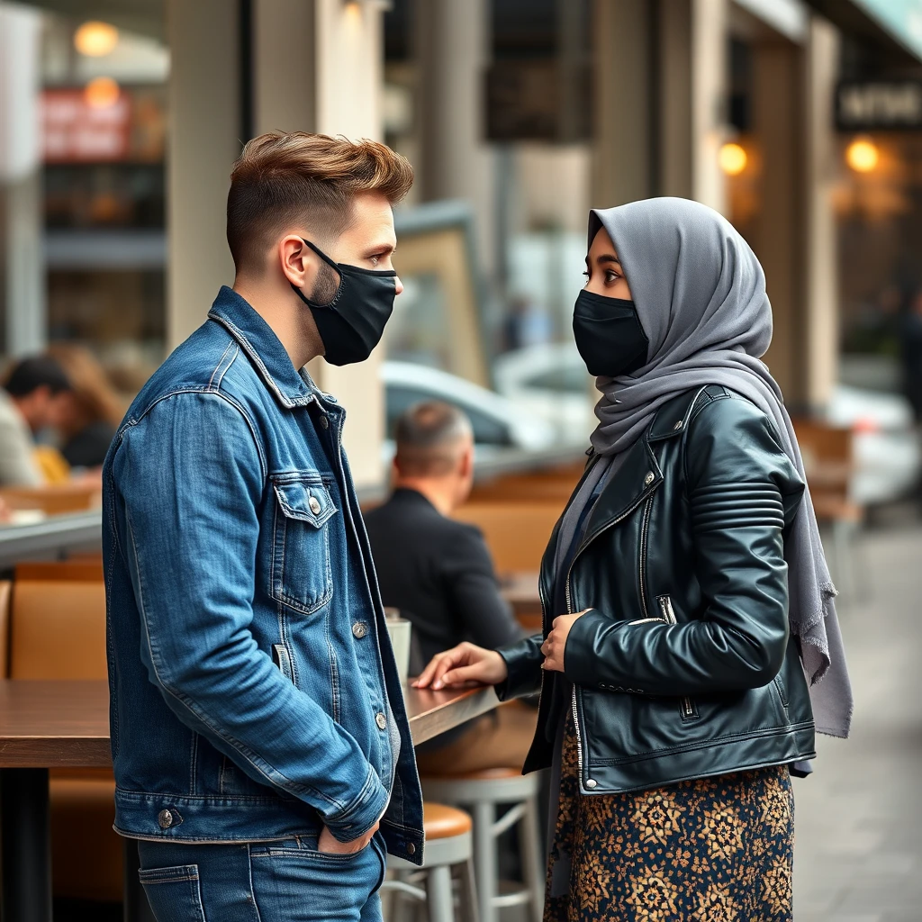 Jamie Dornan's head and body shot, handsome, black face mask, blue jeans jacket, jeans, dating with a Muslim girl in a grey hijab, beautiful eyes, black face mask, black leather jacket, biggest patterned skirt, at a café, looking at each other, photorealistic.