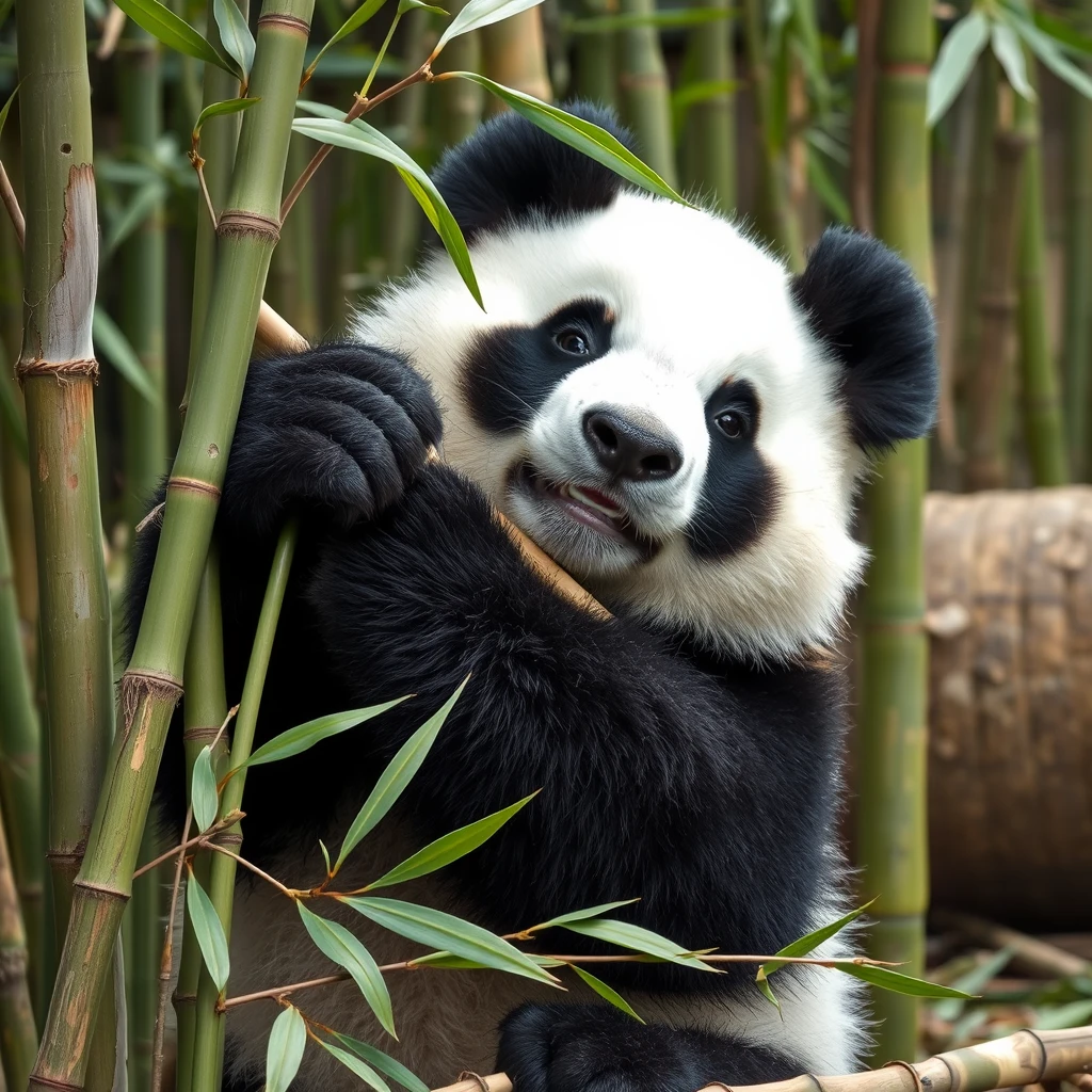 A cute giant panda is breaking bamboo.