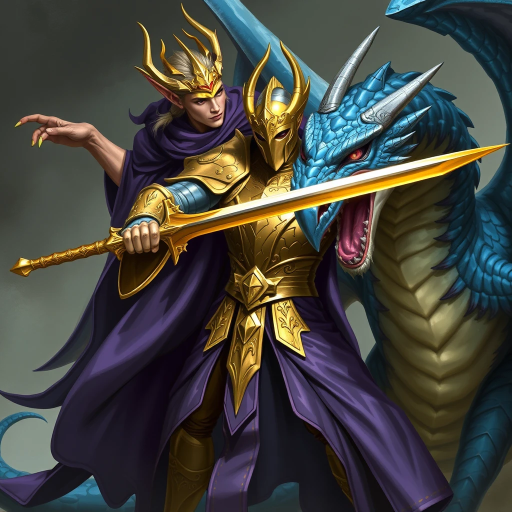 Gold and silver paladin devoted to Bahamut; the paladin doubled in size by an elf mage in a purple robe. The paladin is swinging a sword at a blue dragon with scars across the dragon's body. The paladin and elf are on the left, the dragon on the right.