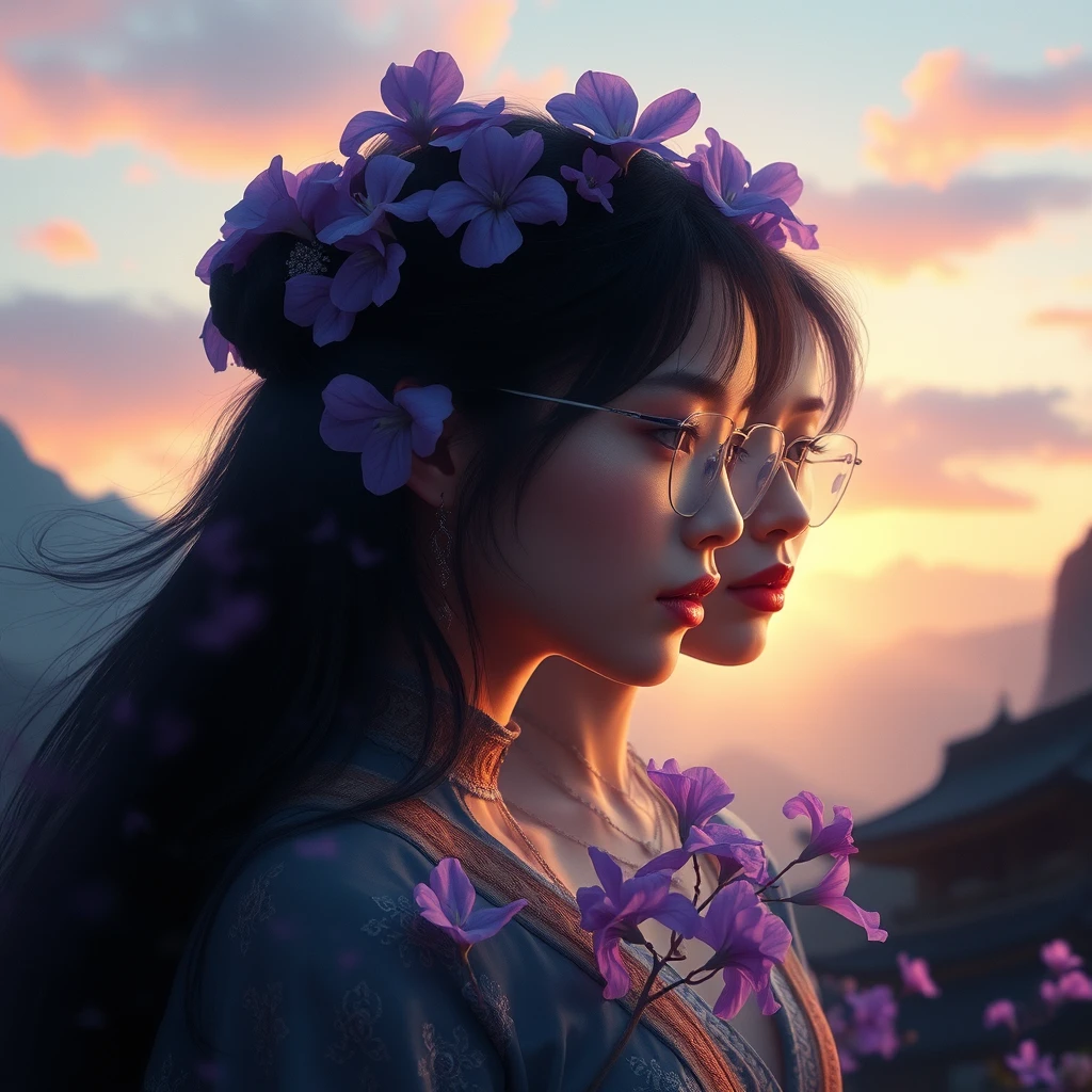 Multiple exposure, the art of Alphonse Mucha, Taiwanese beauties, violets, character design, rendering, biomechanics, science fiction, volumetric lighting, beautiful landscapes, detailed faces, dramatic colors. - Image