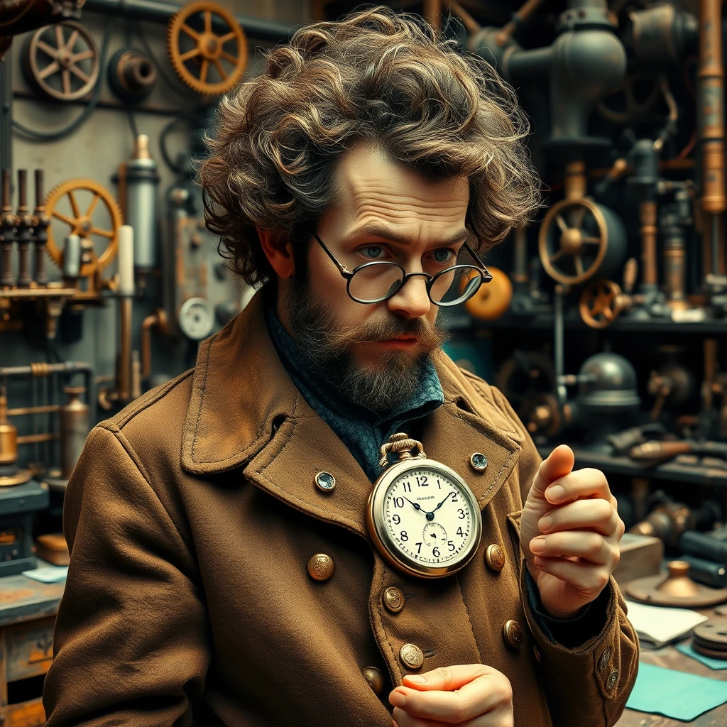 A brilliant, if somewhat disheveled, scientist with a wild shock of curly brown hair and a pair of thick, round spectacles perched on the end of his nose. His worn, leather-bound coat is adorned with brass buttons and a magnificent, gleaming silver pocket watch, which he consults with an air of importance. In the background, a cluttered workshop bursts with steam-powered contraptions, gears, and half-finished projects, as if the inventor's very mind had spilled out onto the workbench. - Image