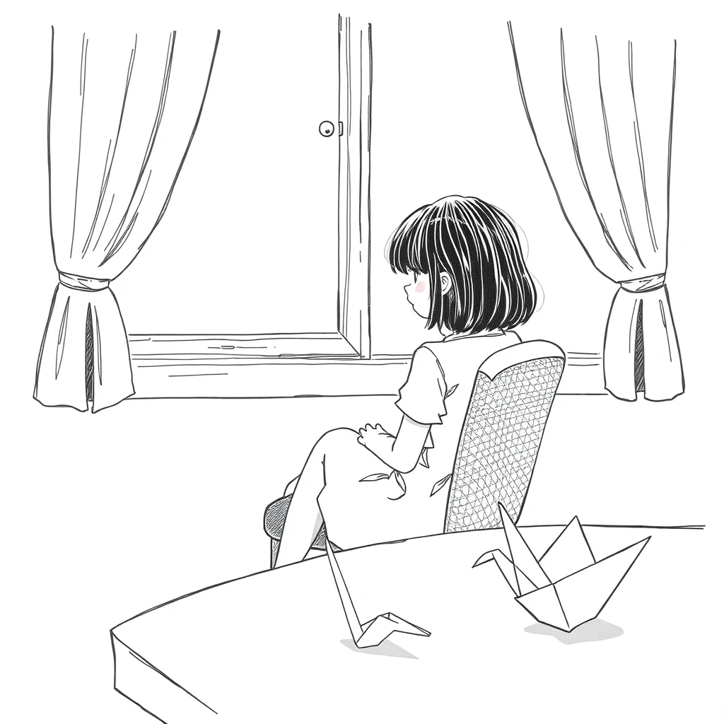 A girl sits on the chair, sadly looking out of the window; there is an origami crane on the table, pure line art. - Image