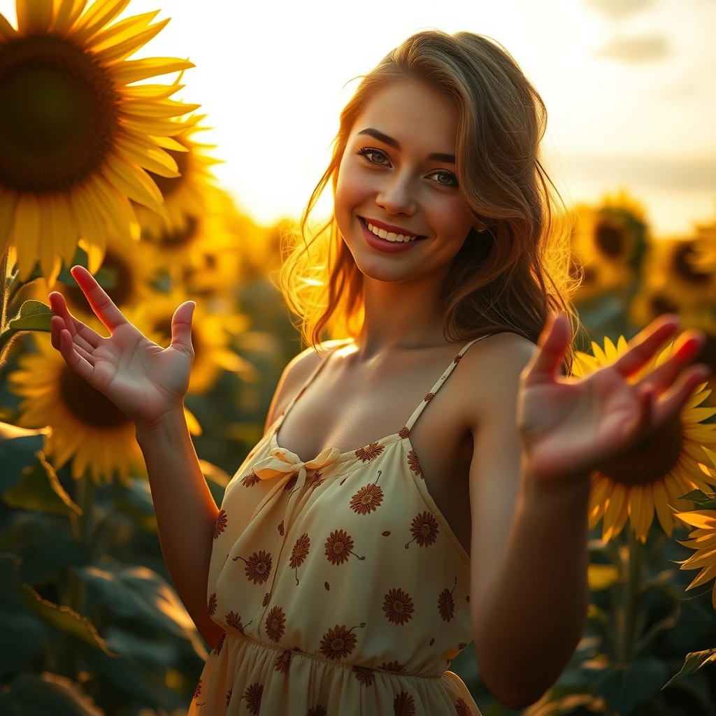 Beautiful young woman in sun dress holding her hands out to the sun in a sunflower field, macro lens, highly detailed, shallow depth of field, digital painting, trending ArtStation, concept art, illustration, cinematic lighting, vibrant colors, photorealism, epic, octane render. - Image