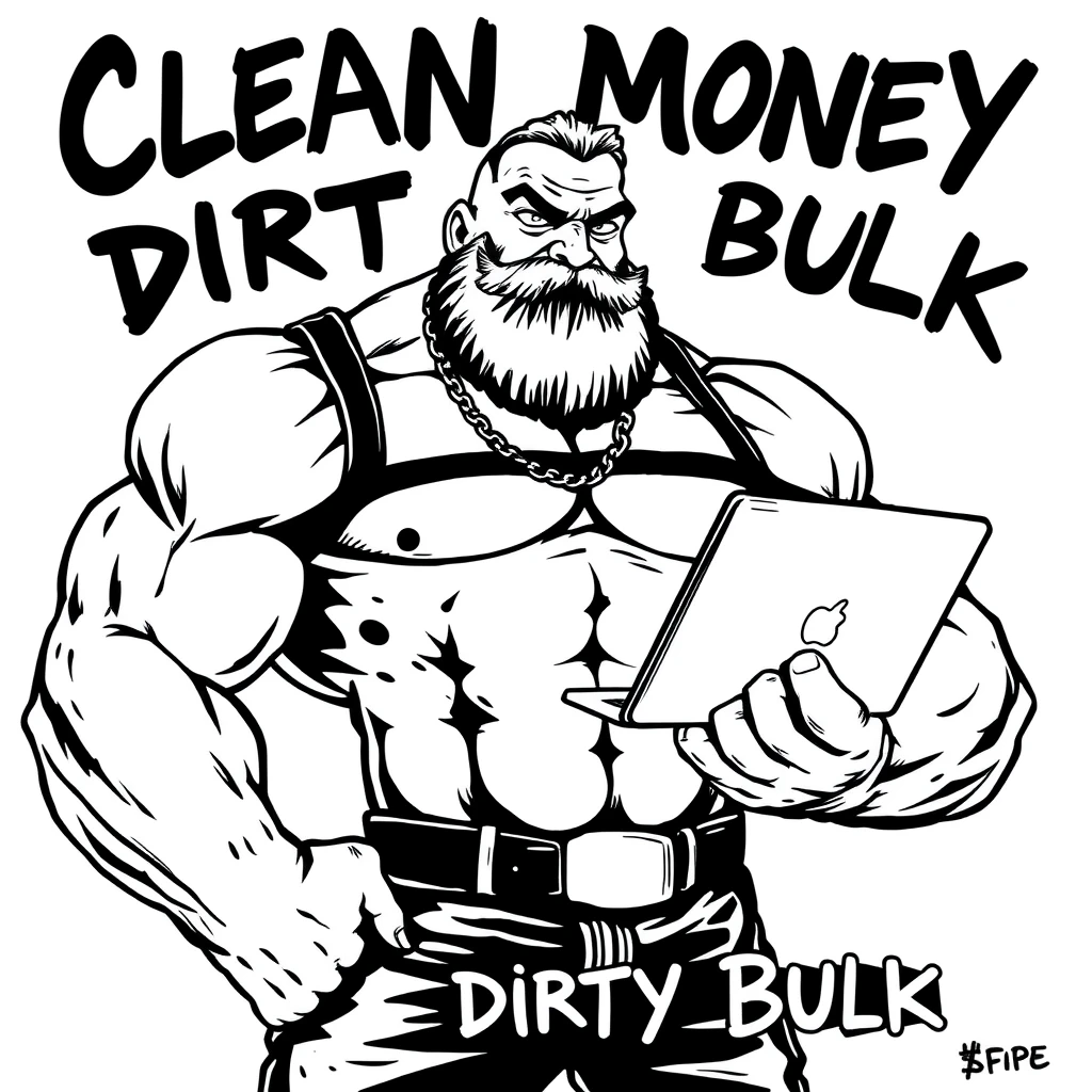 Black ink comic monochromatic style of a muscular gigachad holding a wad of cash and a MacBook. Text says “Clean Money Dirty Bulk”. - Image