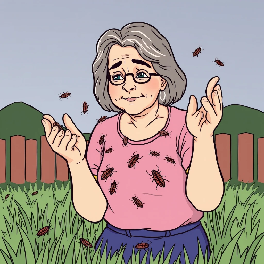 lineart comic, A middle-aged woman released a lot of cockroaches on the grass.