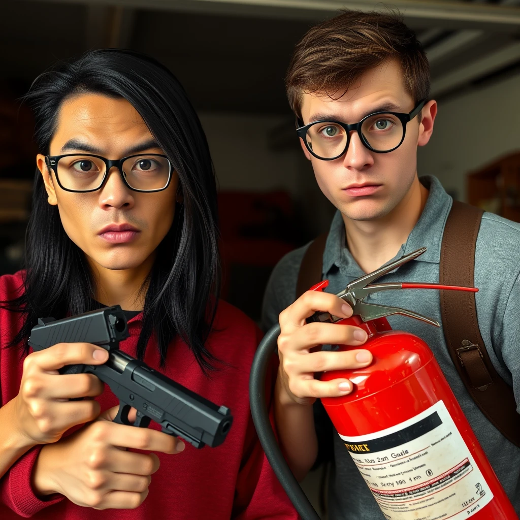 21-year-old pale Chinese man with square glasses, long black hair, holding a pistol; 20-year-old white Italian man with round prescription glasses and short hair holding a very large fire extinguisher, garage setting, both angry.