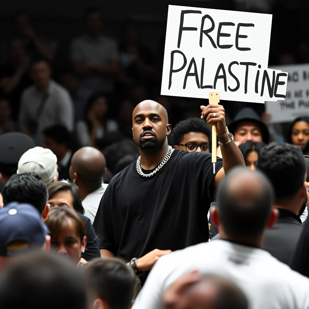 Kanye West standing in a crowd candidly with a sign he's holding up that reads, "Free Palestine". - Image