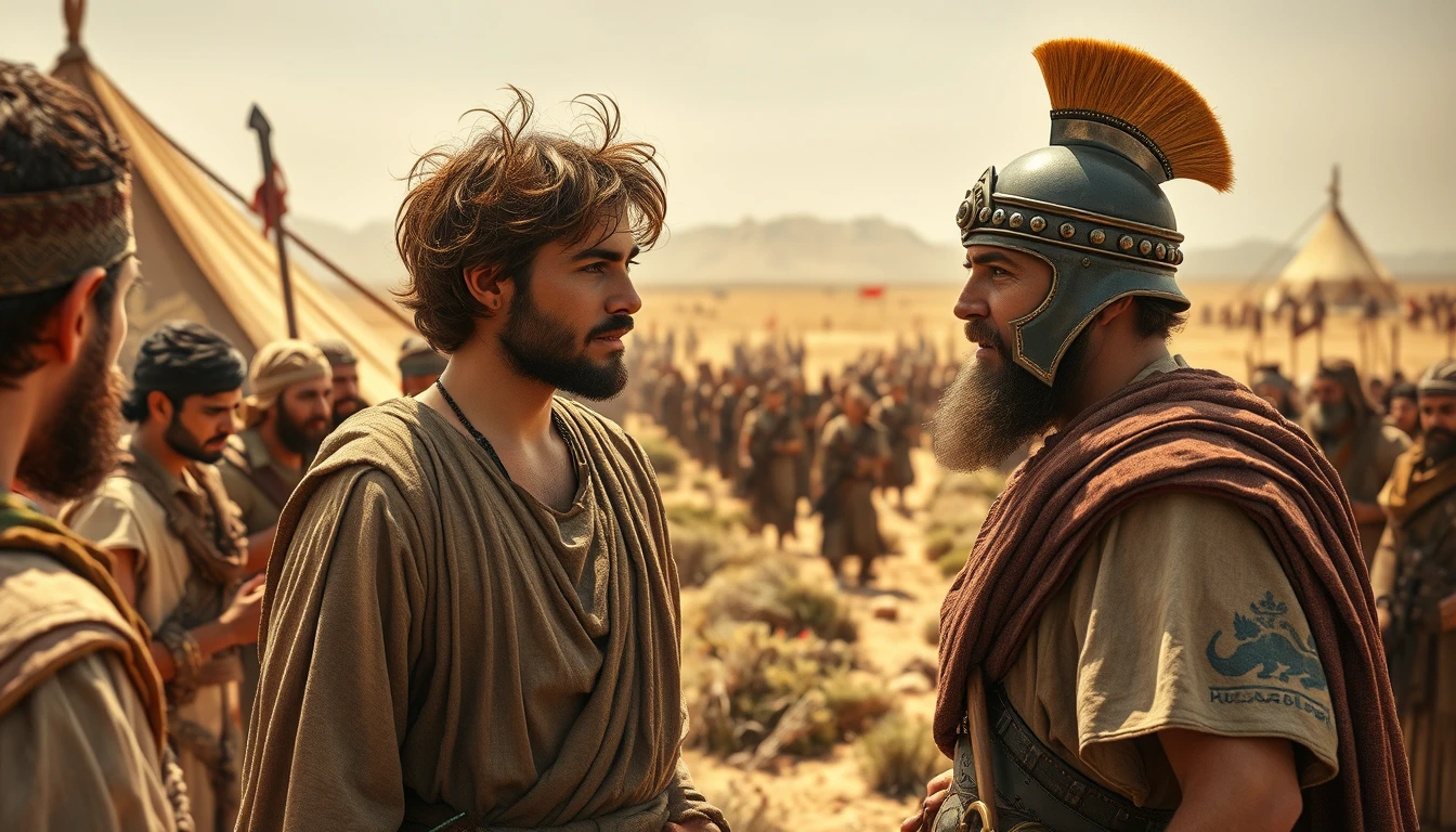 A young man, with messy hair and a short beard, is arguing with a middle-aged Mesopotamian king. The young man is dressed in a biblical-era shepherd's attire. He gestures with his hand in an asking manner. The middle-aged king is dressed as a Mesopotamian soldier. Both men are surrounded by a diverse group of men in ancient Sumerian soldier armor. In the background are Arabic army tents pitched on a desert shrub land. In the distant horizon stands another army armed and ready to fight. Dramatic lighting.