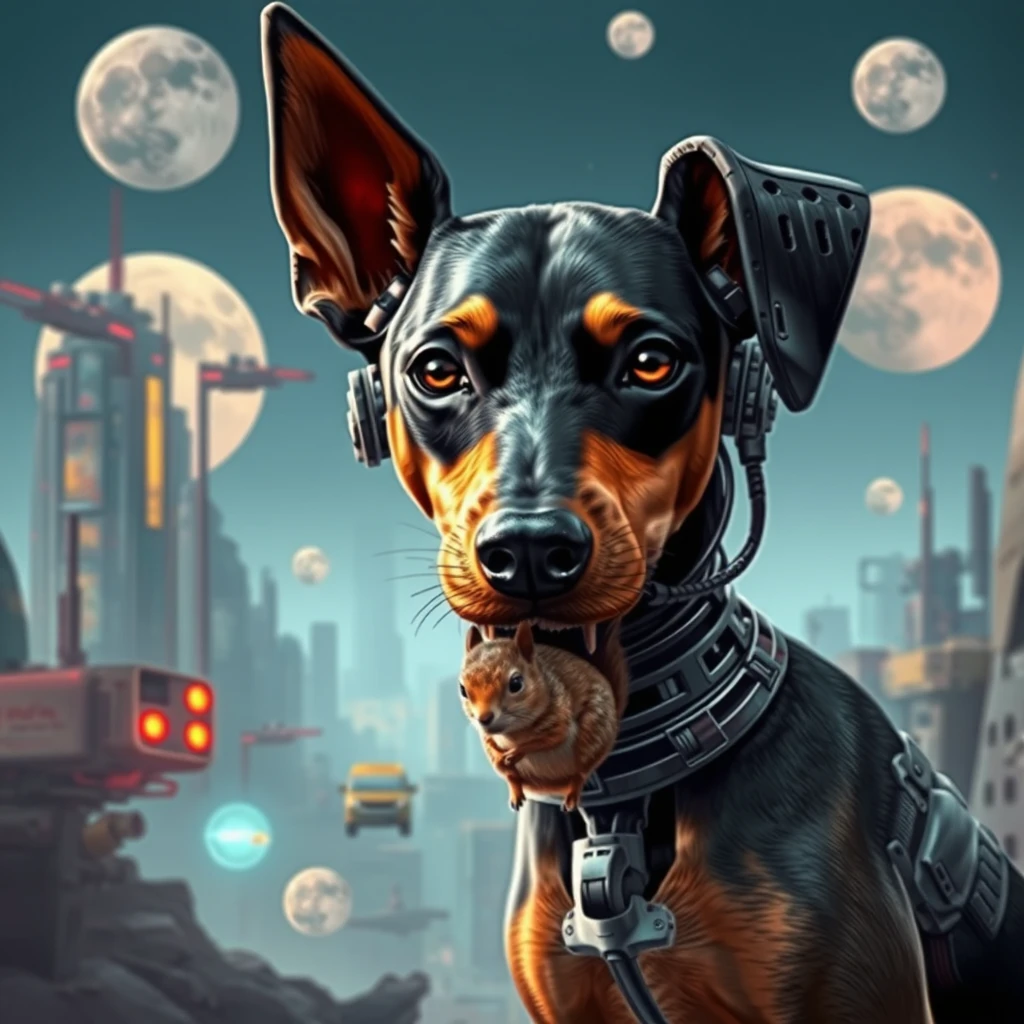 A cyborg German pinscher in a dystopian sci-fi setting. Eating a squirrel. Mega city, flying cars, multiple moons.