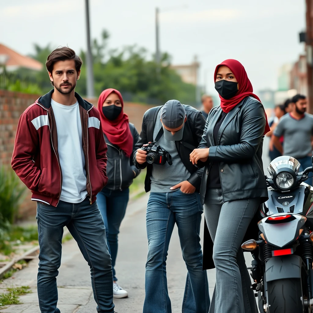 Jamie Dornan and Freddie Prinze, head and body shot, handsome, young, serious face, dark brown hair, white t-shirt, collage jacket, skinny jeans, sneakers, standing, discussing with two guys and a short, slim Muslim girl in a red hijab, beautiful eyes, black face mask, black leather jacket, grey long t-shirt, bell-bottom jeans, holding a DSLR Canon camera, near a town road, superbike, hyper-realistic, street photography, brick wall, full body photo, five other random smiling friends in the background.