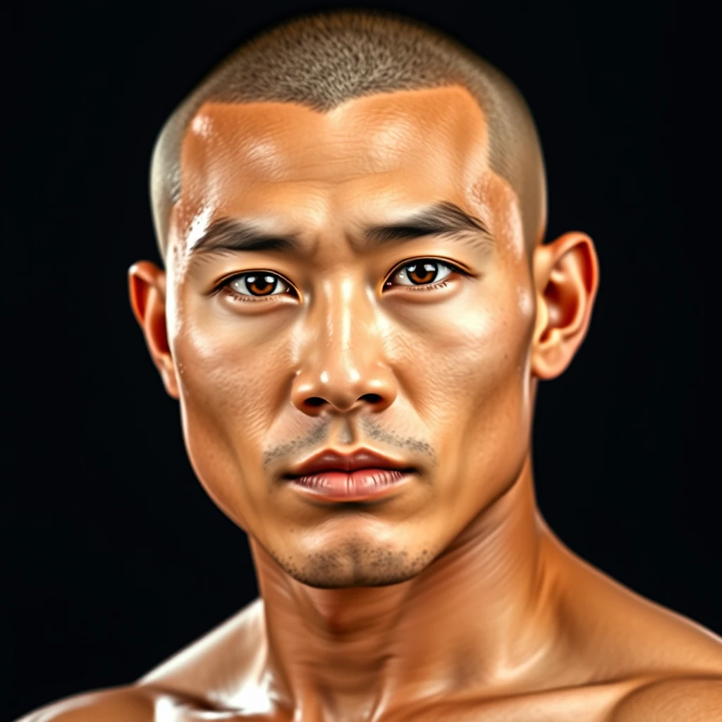 A full body portrait of a muscular Asian male with a buzz cut, high definition, 32k UHD, realistic.