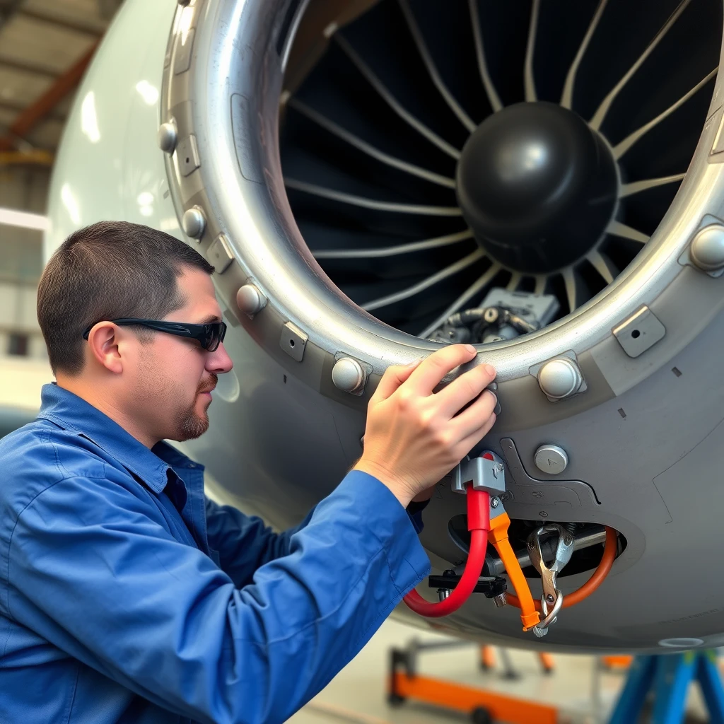 Technician repairing the airplane engine