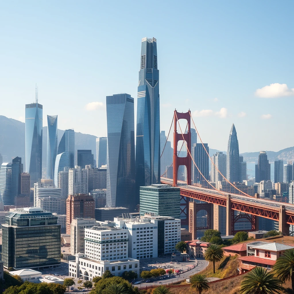 A high quality, photorealistic image of the futuristic city of San Francisco, complete with Golden Gate Bridge and other landmark buildings in the near future. Depict it during a bright summer day with little clouds.