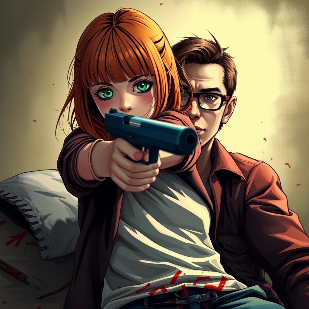 A death scene; a short, skinny teenage girl with long ginger hair and bangs, green eyes, and cute clothes shooting and killing a dead young, skinny, tall Italian white man who wears glasses. - Image