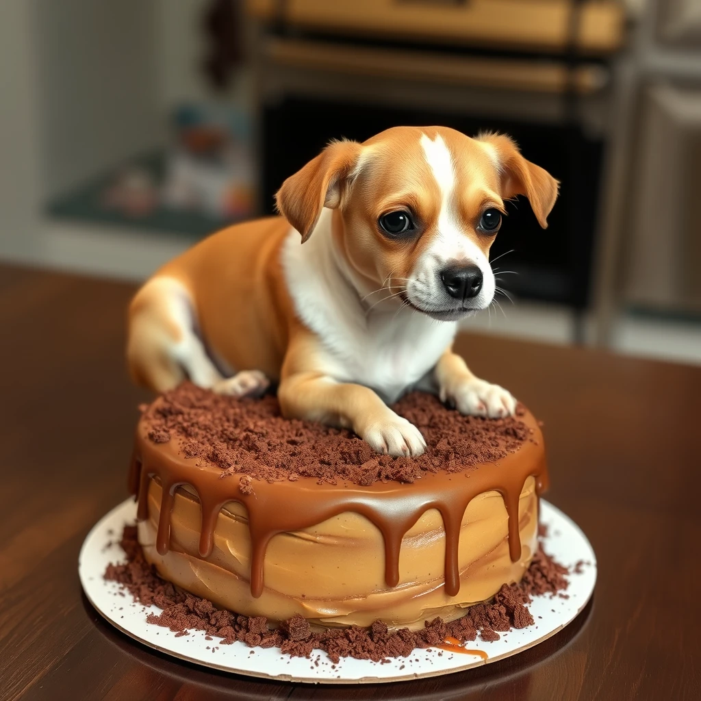 A photo of a dog sitting on a caramel mud cake taken with an iPhone 4.