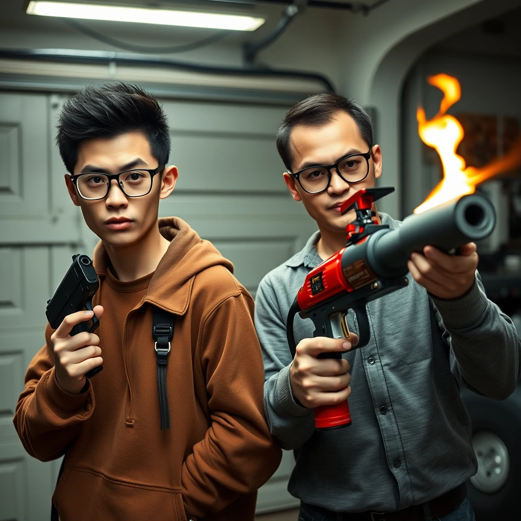 21-year-old white thin long-faced young northern Chinese man with square chin, wearing square glasses, holding a pistol, afro; 21-year-old white Italian man wearing round glasses and short hair holding a very large fire extinguisher flamethrower; garage setting; both angry.