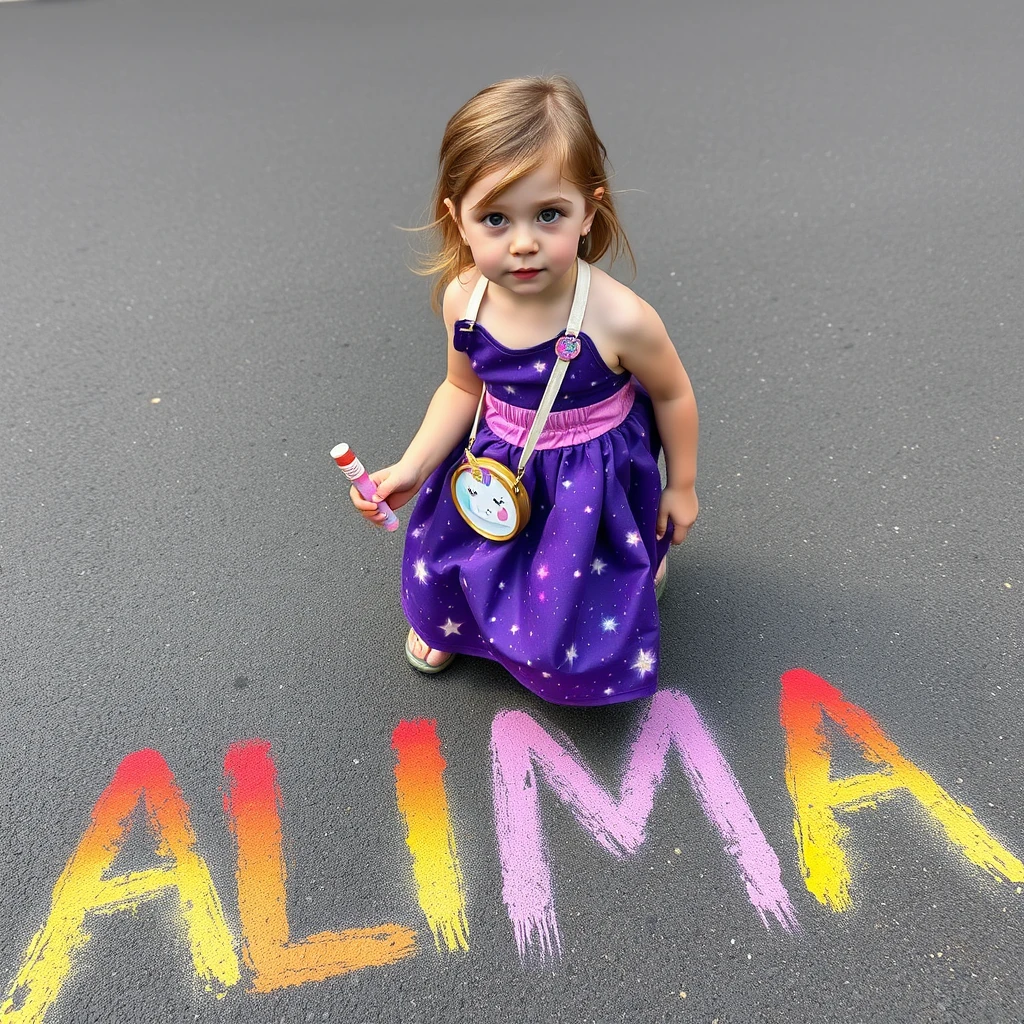 Four-year-old girl with light brown hair. The girl has a long, shirtless purple galaxy-themed skirt on. She has hazel-colored eyes and looks Finnish. She is painting with chalks on the street, creating a rainbow-colored readable text "ALMA." Photorealistic, high quality. She has a small unicorn bag. - Image