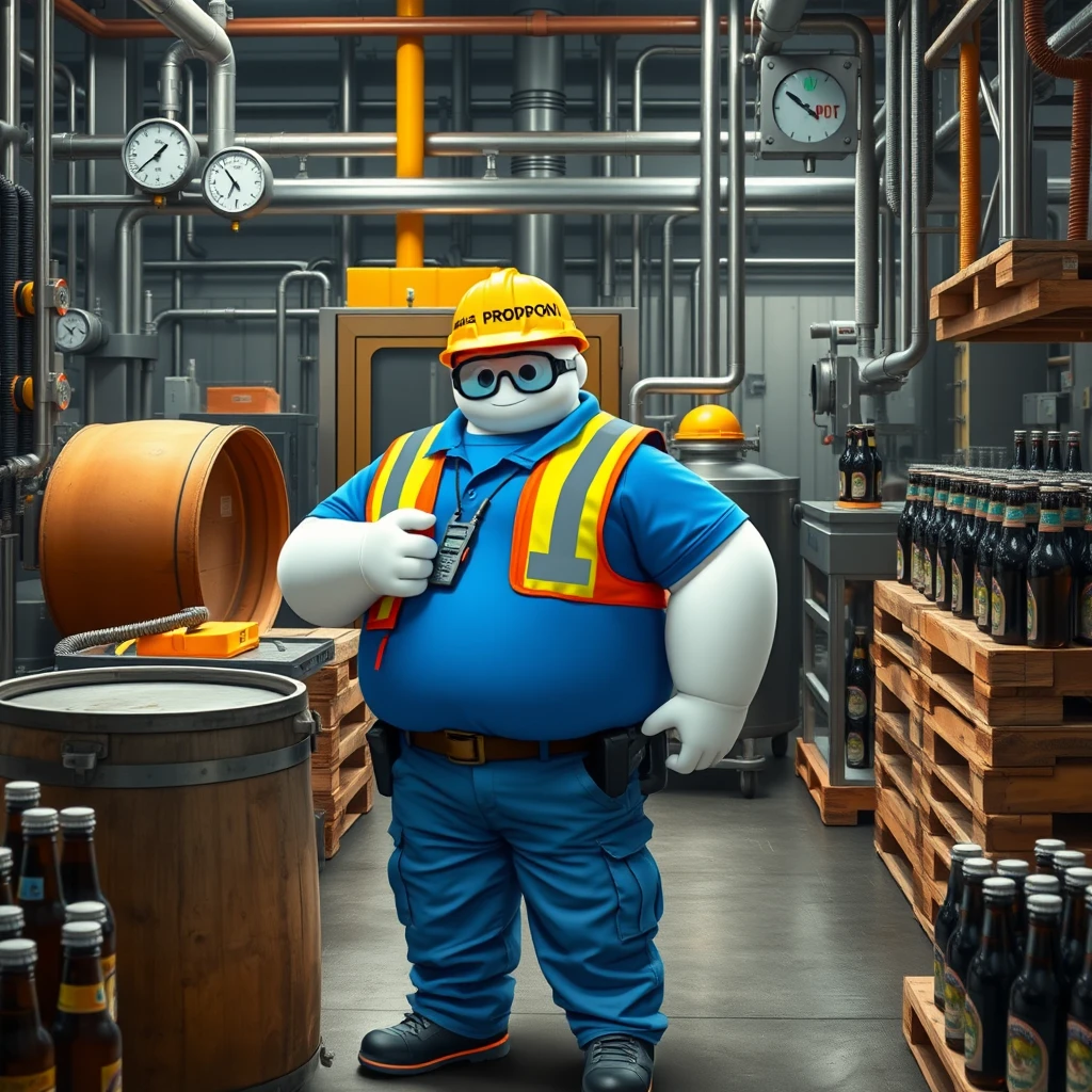 Baymax works in the quality control and inspection area of a beer bottling plant surrounded by machinery, a barrel, gauges, measuring instruments, pallets, beer bottles, wearing a blue polo shirt that covers his whole torso, safety elements, a reflective vest, safety shoes, a walkie-talkie, industrial safety goggles, blue cargo pants, and a yellow helmet with the word POPON written on it. The shirt has the word POPON written on it. - Image