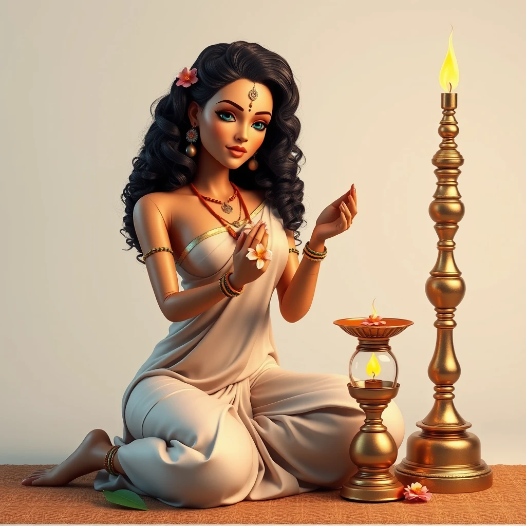 A voluptuous, tanned robot lady, with curly hair in minimalistic Keralite attire and bindi, wishing Onam with delicate flowers and sitting next to a tall traditional brass lamp with wick and oil, from Kerala.