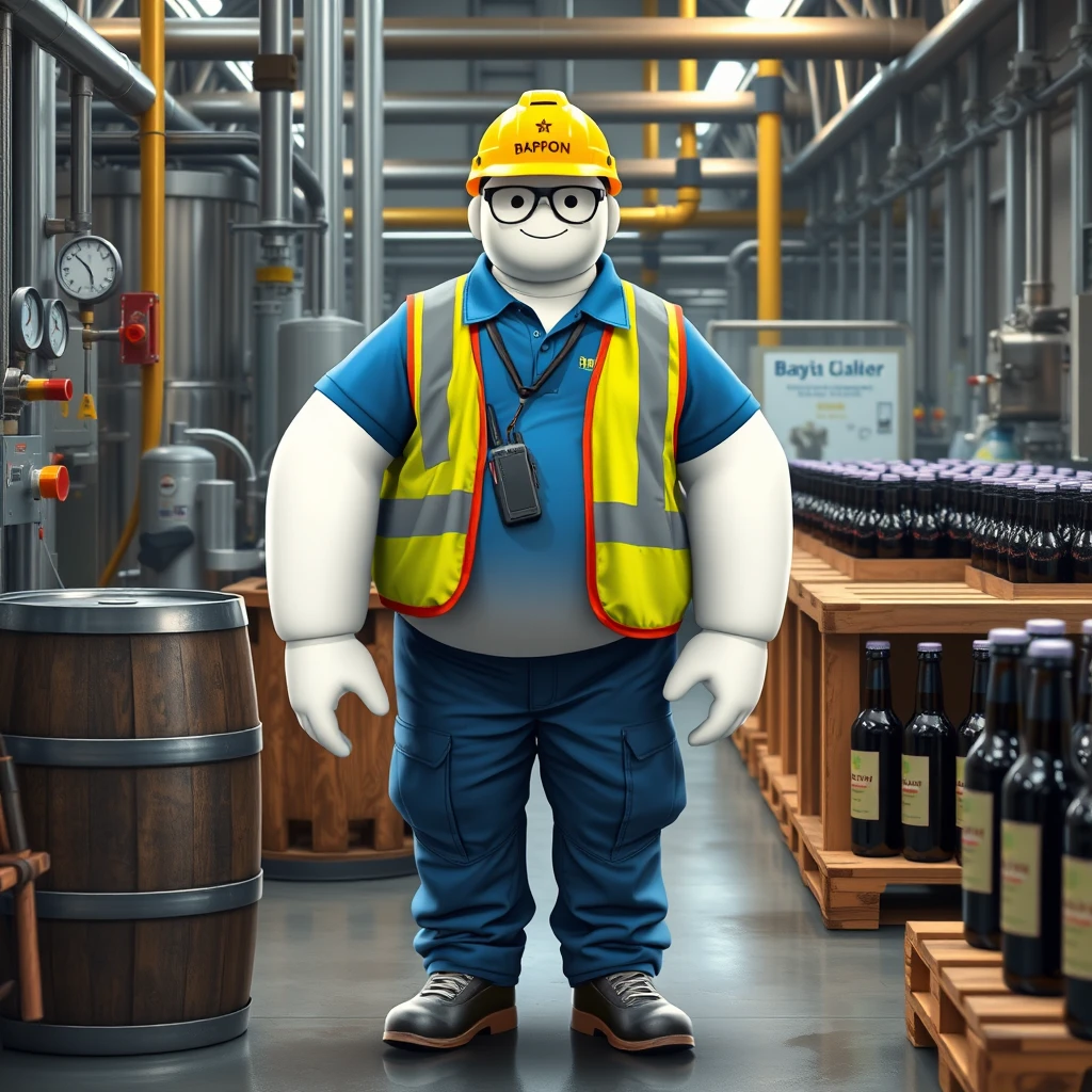 Baymax works in the quality control and inspection area of a beer bottling plant surrounded by machinery, a barrel, gauges, measuring instruments, pallets, beer bottles, dressed in a blue polo shirt that covers his entire torso, safety gear, a reflective vest, safety shoes, a walkie-talkie, industrial safety goggles, blue cargo pants, and a yellow helmet with the word POPON written on it. The polo shirt has the word POPON written on it.