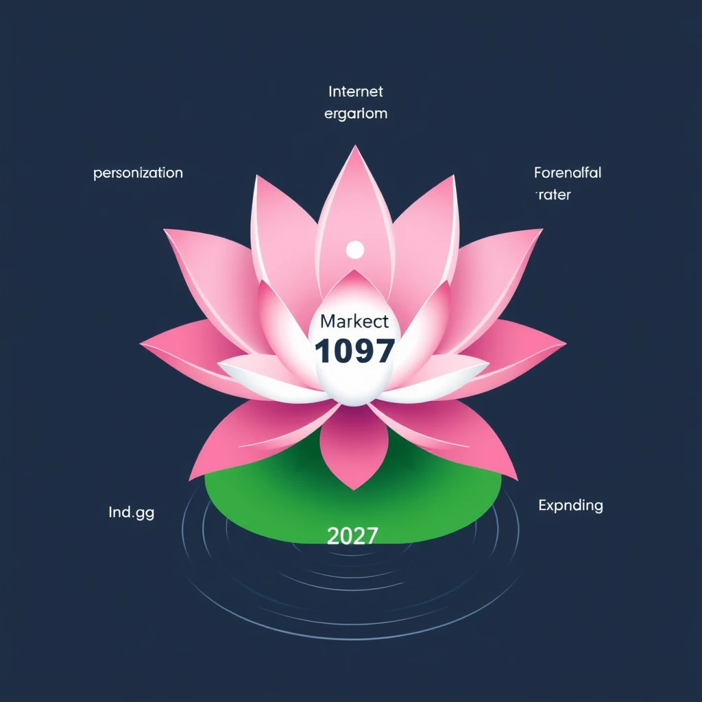 Create a visual representation of a lotus flower, where each petal represents a key factor contributing to market growth (e.g., internet penetration, consumer awareness, personalization). The center of the flower could show the current market value, with projections for 2027 illustrated as expanding ripples in the pond.