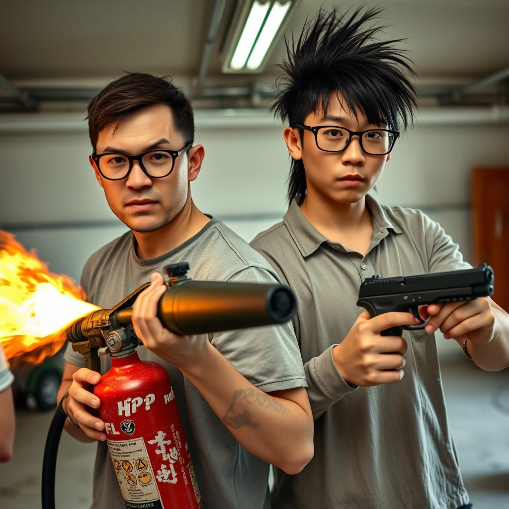 21-year-old white Italian man with round prescription glasses and short hair holding a very large fire extinguisher flamethrower; 21-year-old northern Chinese man with long black mullet, square glasses, holding a pistol; both angry; murderous intent; garage setting.