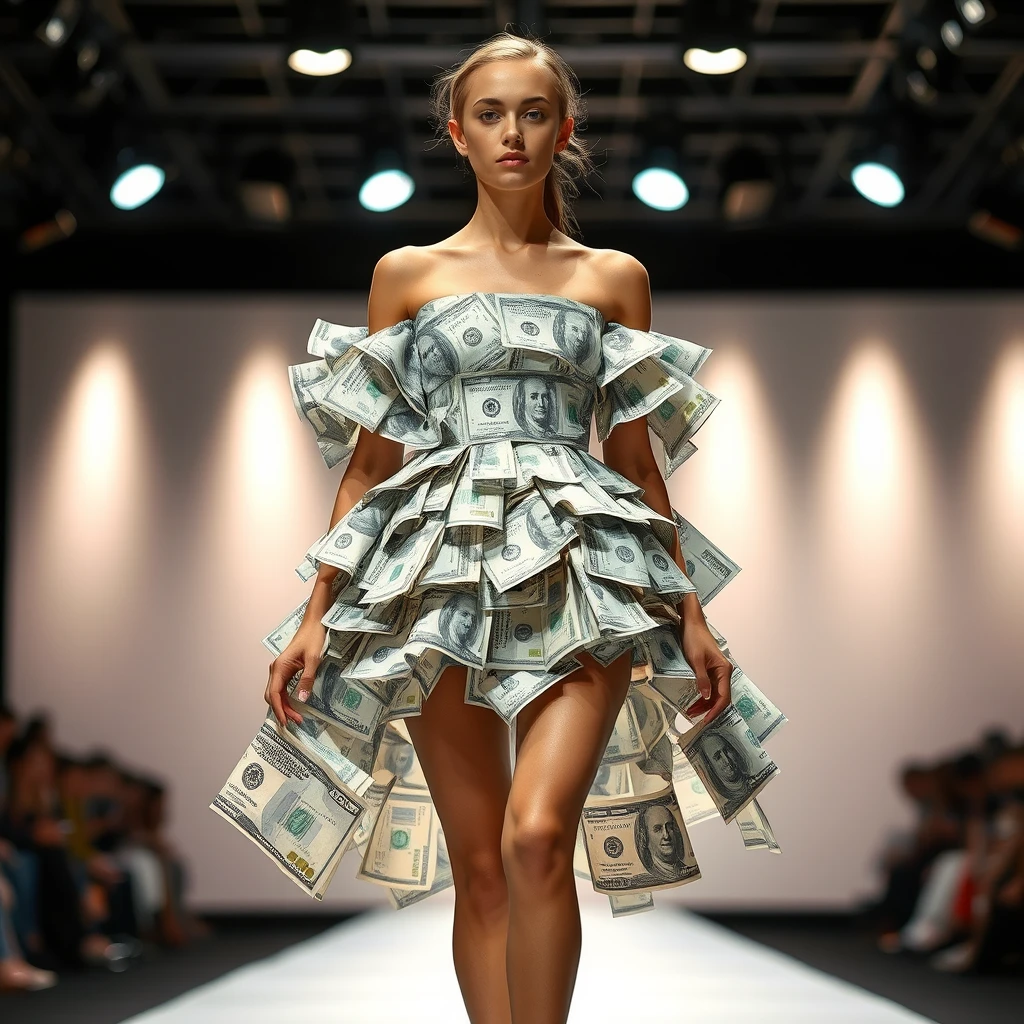 Fashion stage, a beautiful young woman wearing haute couture dress made of paper money banknotes. - Image