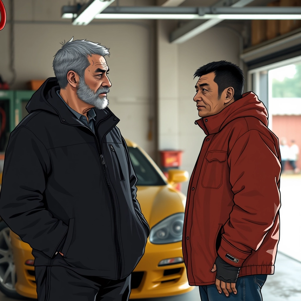 2 person set, 2 men, 1 white man, 1 northern Chinese man, they are together in a garage setting, here are the details and I want every single one with accuracy. - Image