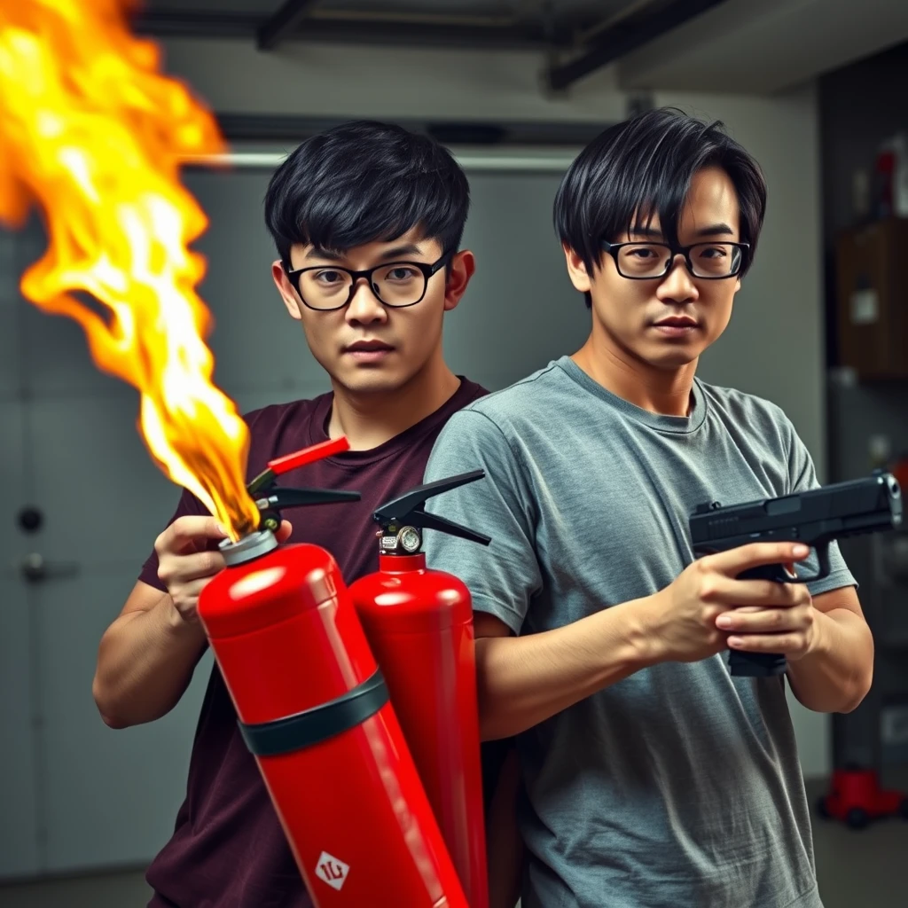 21-year-old very fair-skinned Italian man, wearing round glasses, black short hair, holding a very large fire extinguisher flamethrower. And 21-year-old northern Chinese man, with a thin long face, wearing square glasses, mid/long fringe black hair, holding a Glock. Both angry; murderous intent, garage setting.