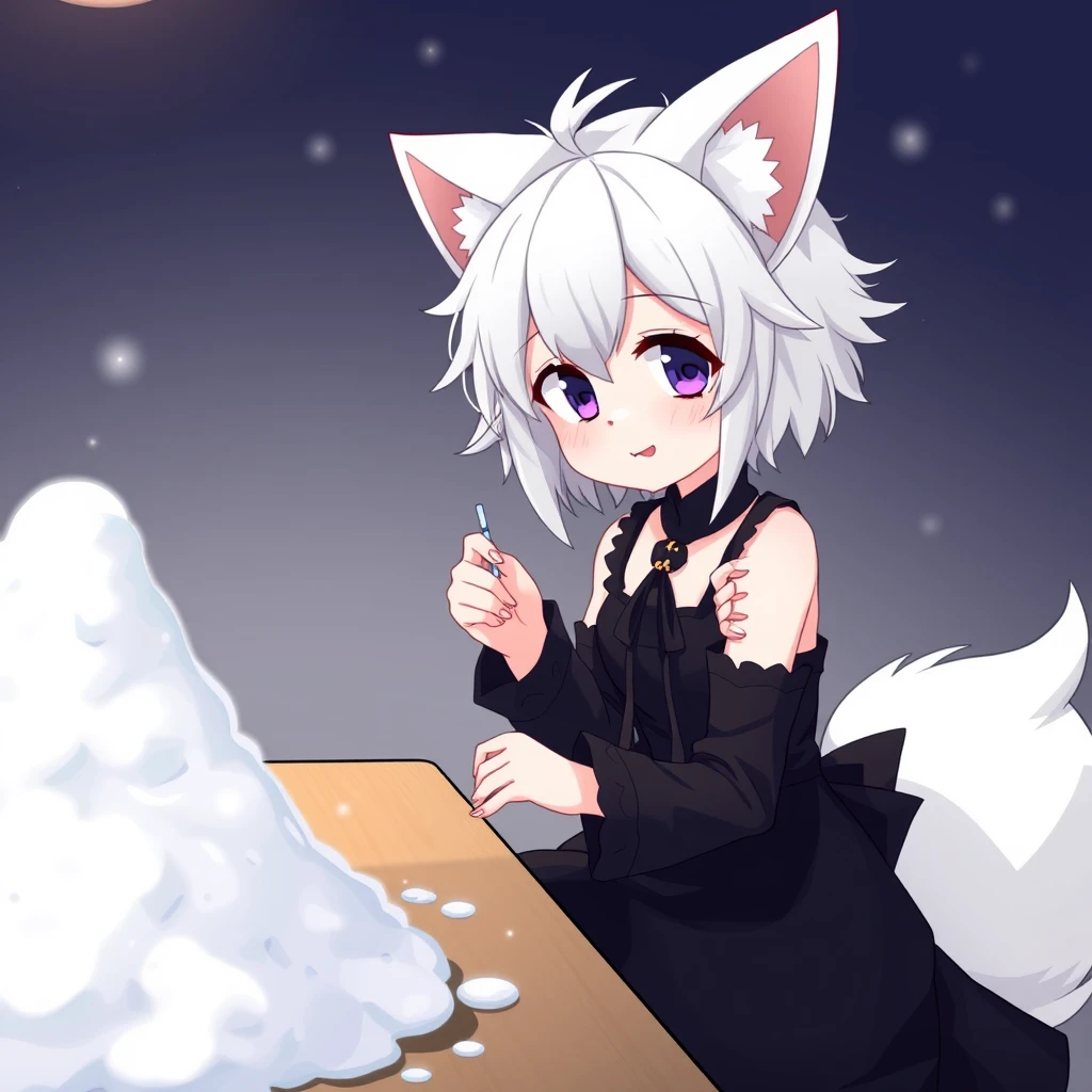 Cute anime girl with fluffy fennec ears and a fluffy tail, white messy short hair, purple eyes, wearing a goth outfit with a long black dress, sitting at the table. On the table is a mountain of snow. The girl looks at the snow with a greedy smile and has a straw in her right hand. - Image